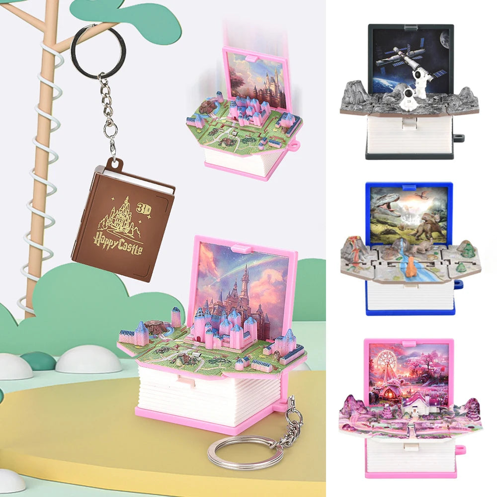 3D Mini Fold Book Keychain Children Kids Toy Birthday Gift Anxiety Stress Relief Dinosaur Castle Keyring Mini Key Chains