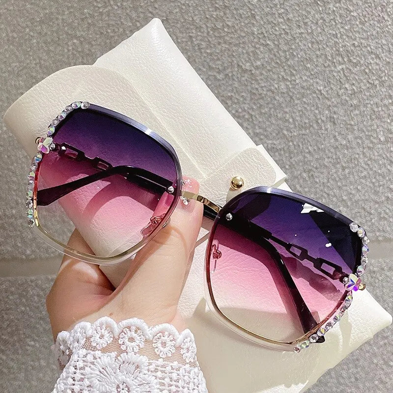 Rhinestone Decor Rimless Fashion Sunglasses for Women Men Casual Gradient Glasses for Summer Beach Party, UV400