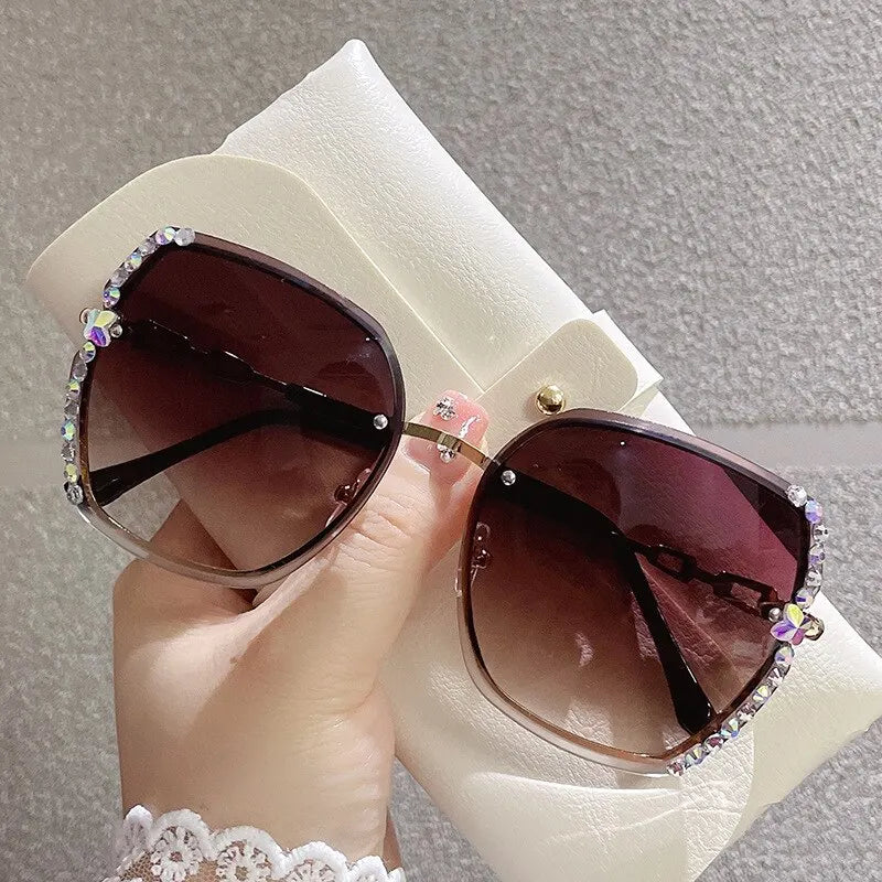 Rhinestone Decor Rimless Fashion Sunglasses for Women Men Casual Gradient Glasses for Summer Beach Party, UV400