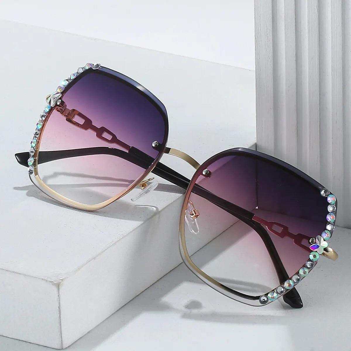 Rhinestone Decor Rimless Fashion Sunglasses for Women Men Casual Gradient Glasses for Summer Beach Party, UV400