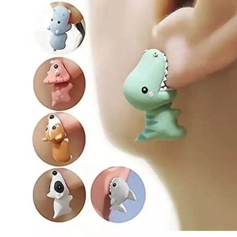 2Pcs/1Pair Animal Cartoon Stud Earring for Women Cute Dinosaur Little Dog Whale Clay Bite Ear Jewelry Funny Gifts Fashion